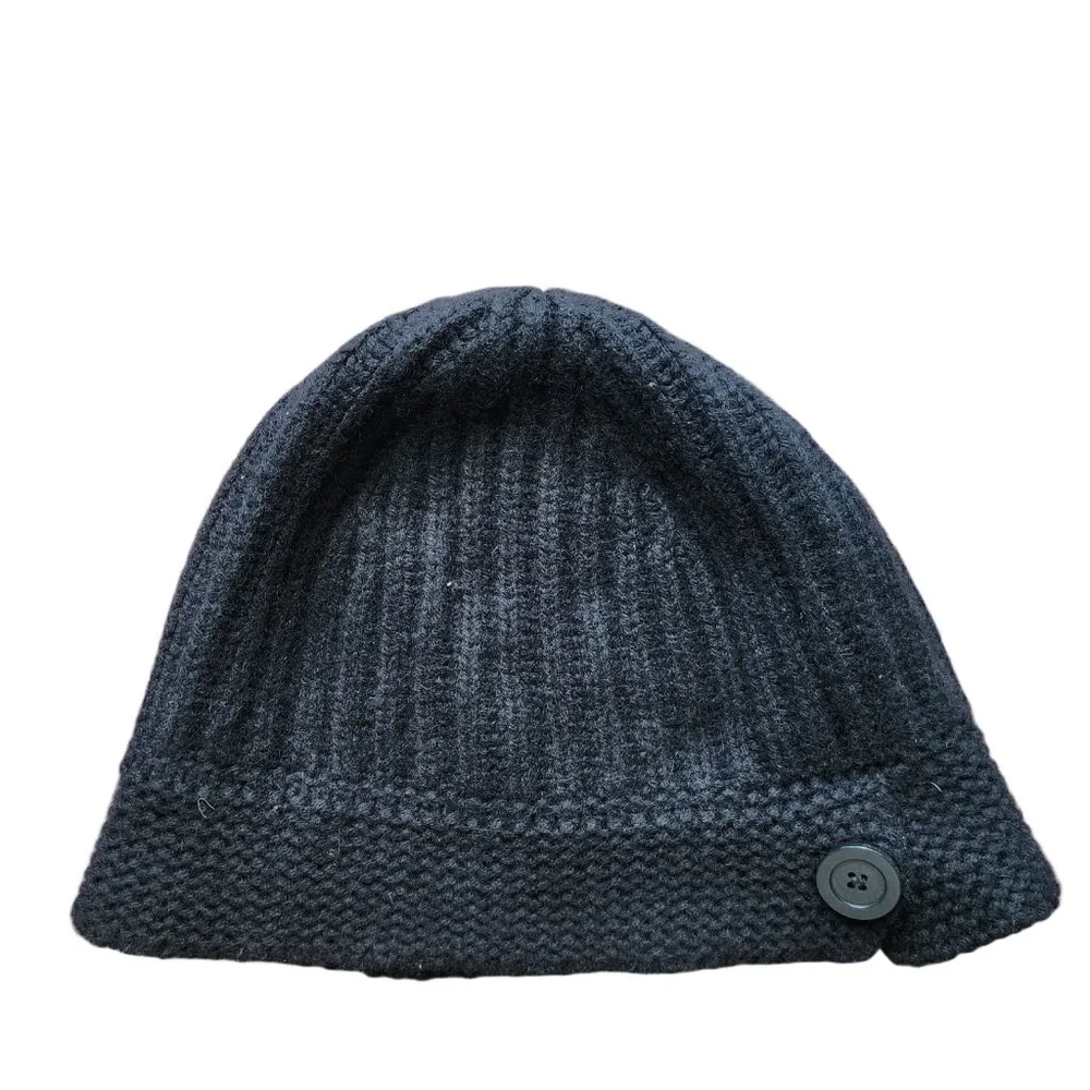 BANANA REPUBLIC Black Cashmere Knit Beanie Button Detail One Size‎